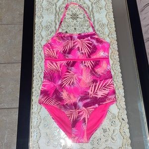 Hurley neon pink and orange halter one piece swimsuit with tropical print